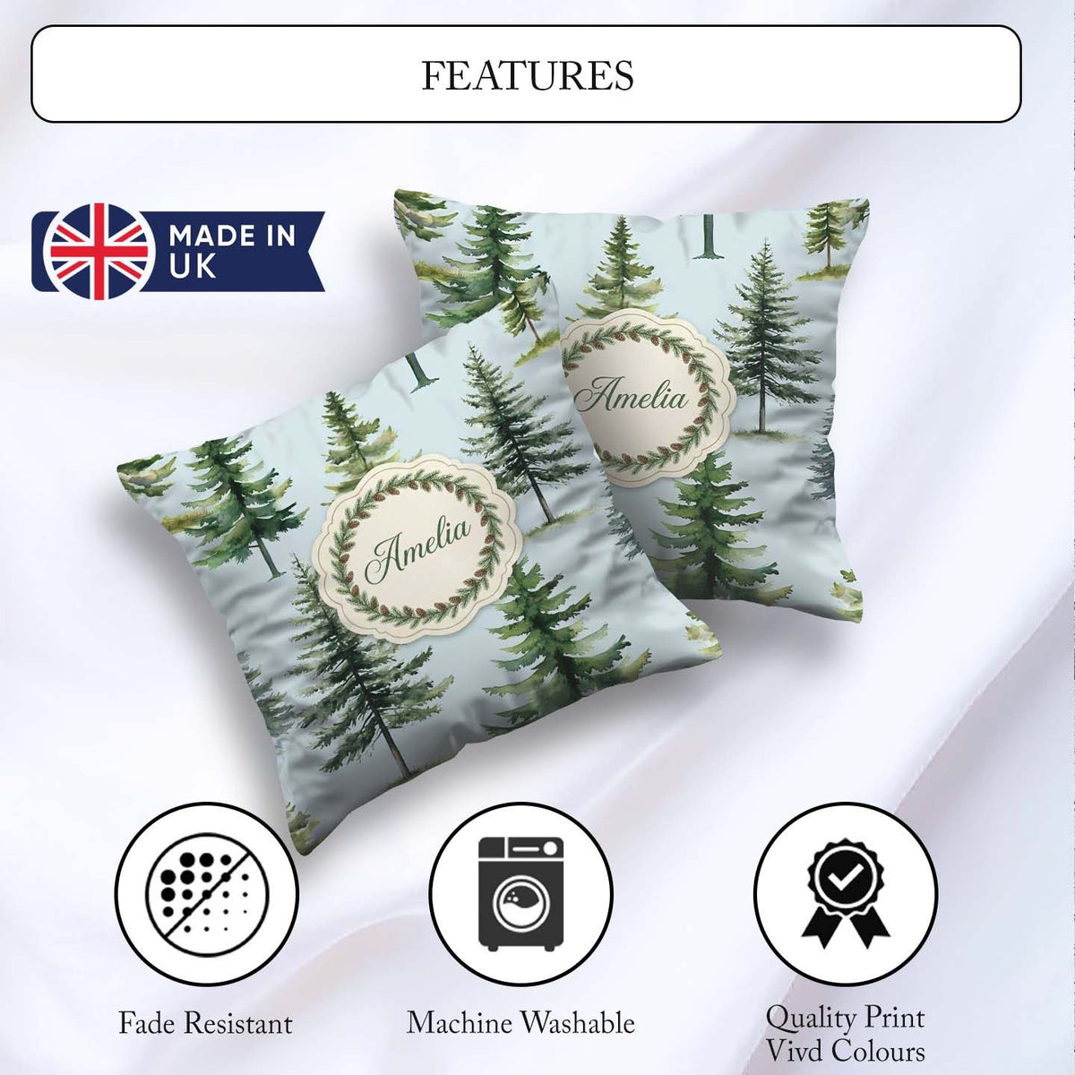Custom Name Pine Tree Forest Evergreen Woodland Nature Soft Blue Square Filled Cushion Throw Pillow Sofa Bed Home Decor Zip Washable UK Made