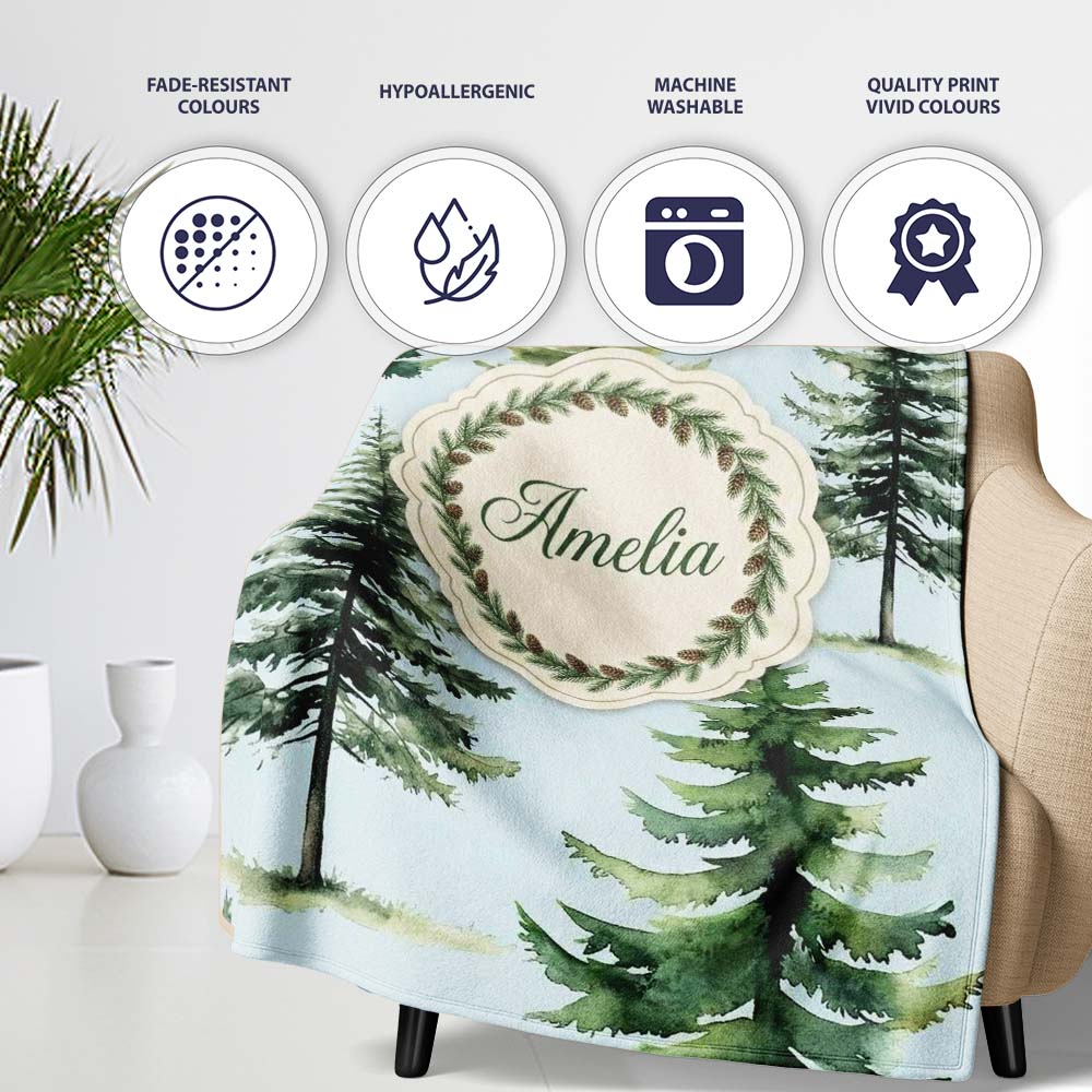 Pine Tree Forest Evergreen Woodland Nature on Soft Blue Seamless Personalised Custom Name Super Soft Fleece Blanket Bed Sofa Throw