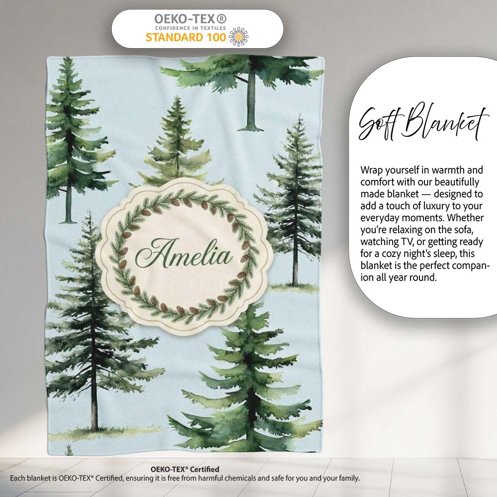 Pine Tree Forest Evergreen Woodland Nature on Soft Blue Seamless Personalised Custom Name Super Soft Fleece Blanket Bed Sofa Throw