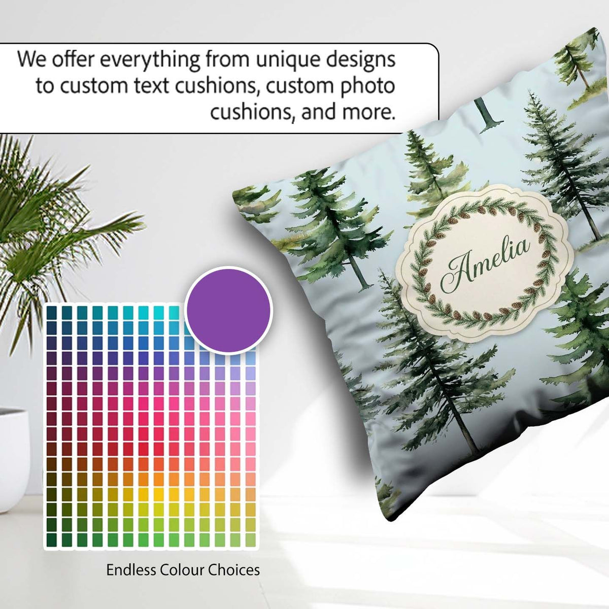 Custom Name Pine Tree Forest Evergreen Woodland Nature Soft Blue Square Filled Cushion Throw Pillow Sofa Bed Home Decor Zip Washable UK Made
