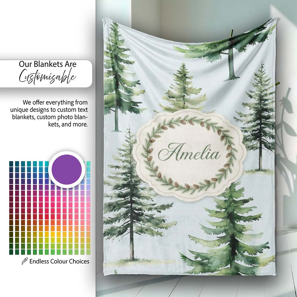 Pine Tree Forest Evergreen Woodland Nature on Soft Blue Seamless Personalised Custom Name Super Soft Fleece Blanket Bed Sofa Throw
