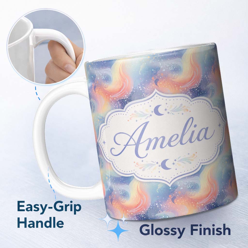Personalized Custom Name Soft Pastel Swirl Galaxy Space Seamless Pattern Dreamy Cosmic Lovely 11oz Ceramic Coffee Tea Mug White Large Handle