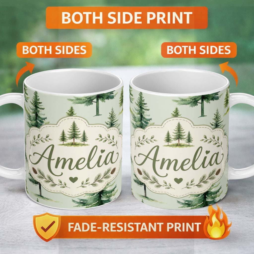 Personalized Custom Name Pine Tree Forest Evergreen Woodland Nature on Sage Green Seamless 11oz Ceramic Coffee Tea Mug White Large Handle