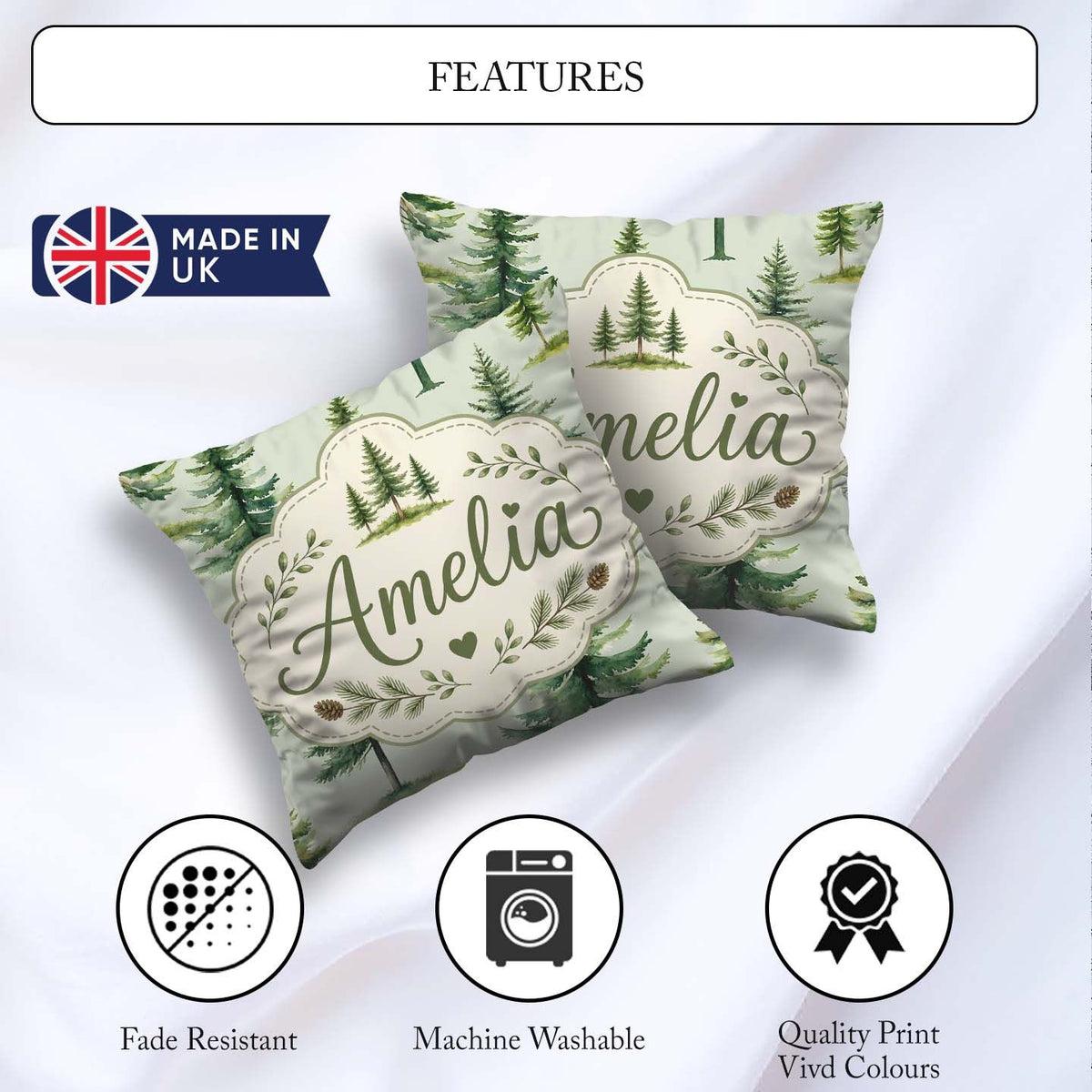 Custom Name Pine Tree Forest Evergreen Woodland on Sage Seamless Square Filled Cushion Throw Pillow Sofa Bed Home Decor Zip Washable UK Made