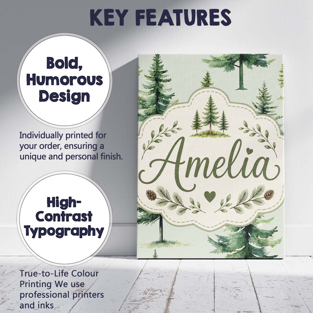 Personalised Name Pine Tree Forest Evergreen Custom Bespoke Contemporary Display Canvas Wall Art Print Decor Picture Ready to Hang