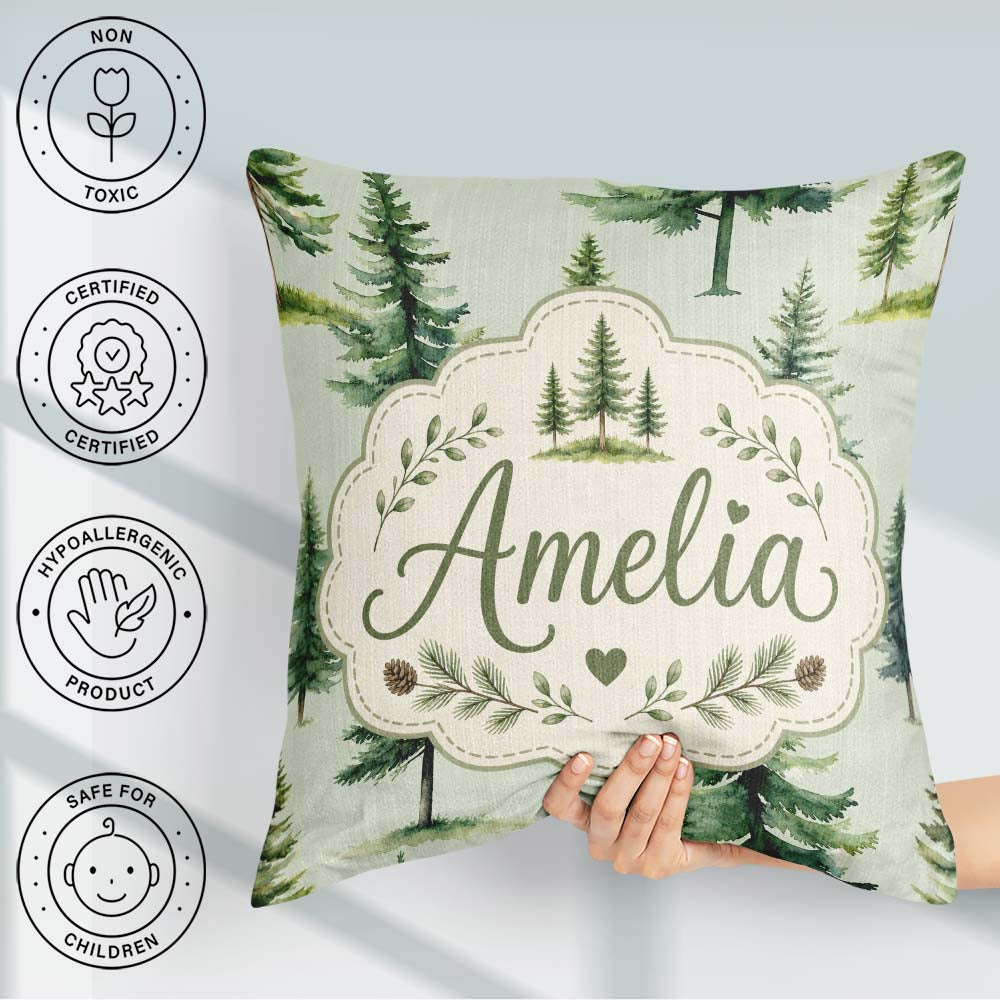 Custom Name Pine Tree Forest Evergreen Woodland on Sage Seamless Square Filled Cushion Throw Pillow Sofa Bed Home Decor Zip Washable UK Made