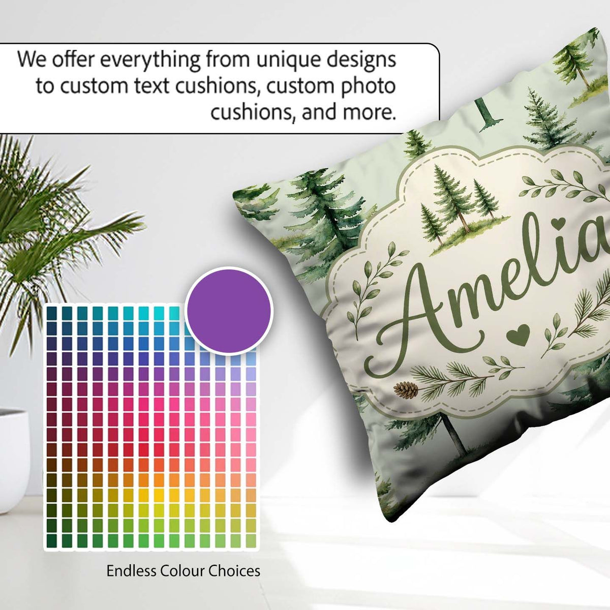 Custom Name Pine Tree Forest Evergreen Woodland on Sage Seamless Square Filled Cushion Throw Pillow Sofa Bed Home Decor Zip Washable UK Made