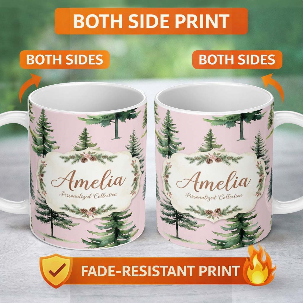 Personalized Custom Name Pine Tree Forest Evergreen Woodland Nature on Blush Pink Seamless 11oz Ceramic Coffee Tea Mug White Large Handle