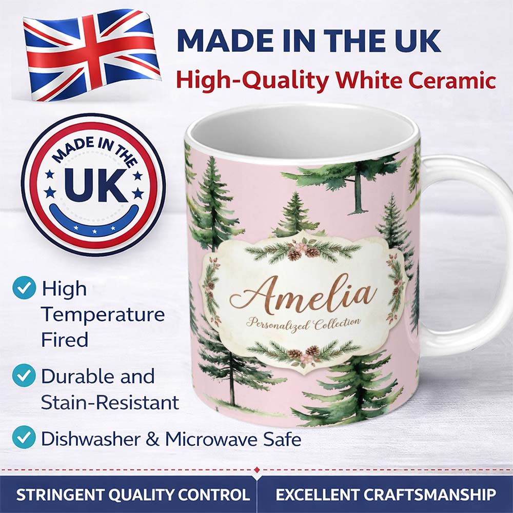 Personalized Custom Name Pine Tree Forest Evergreen Woodland Nature on Blush Pink Seamless 11oz Ceramic Coffee Tea Mug White Large Handle