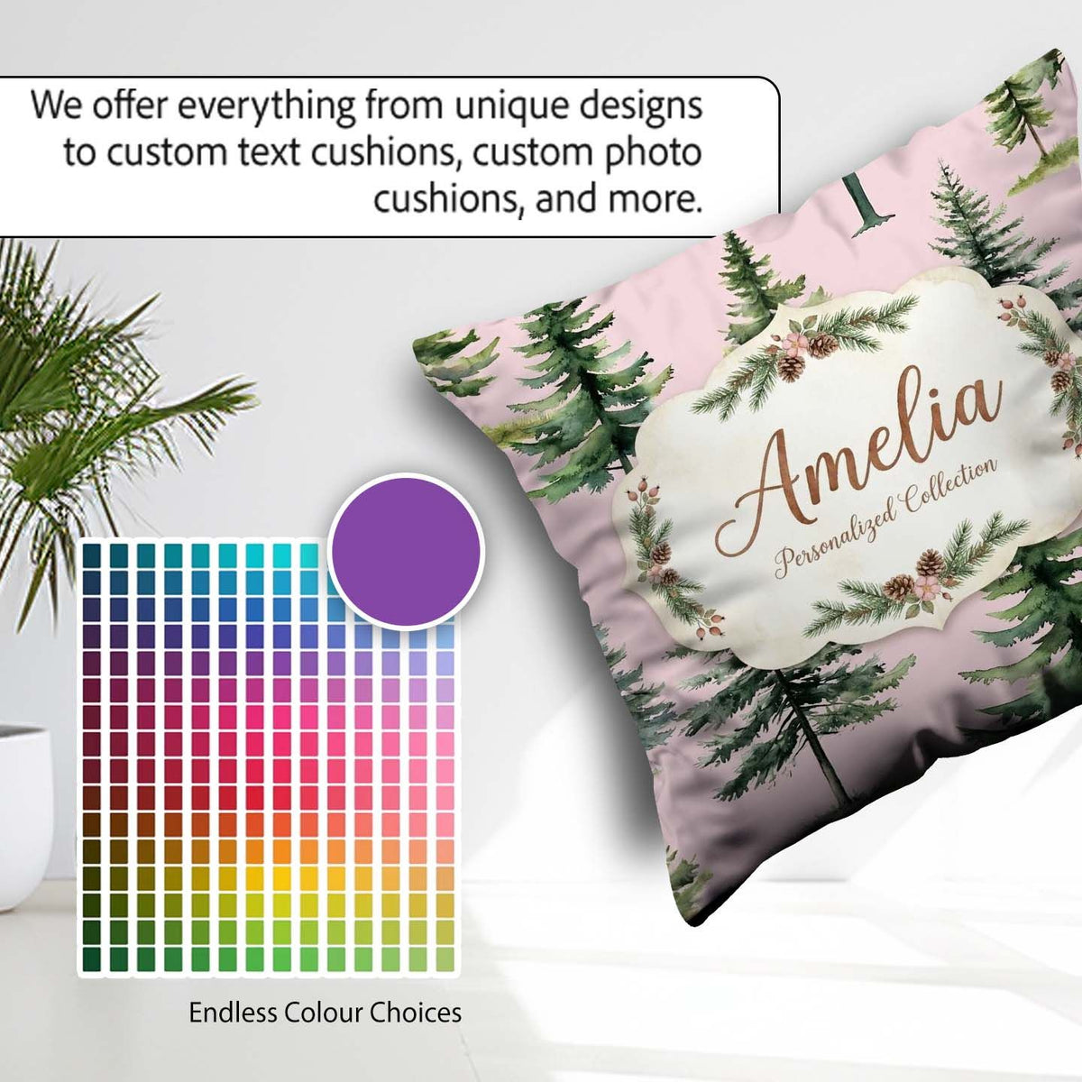 Custom Name Pine Tree Forest Evergreen Woodland on Pink Seamless Square Filled Cushion Throw Pillow Sofa Bed Home Decor Zip Washable UK Made