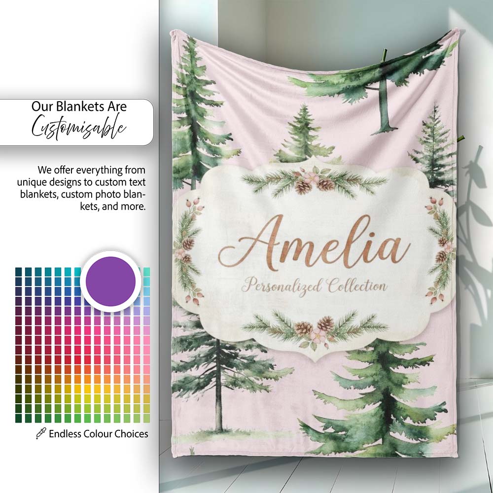 Pine Tree Forest Evergreen Woodland Nature on Blush Pink Seamless Personalised Custom Name Super Soft Fleece Blanket Bed Sofa Throw
