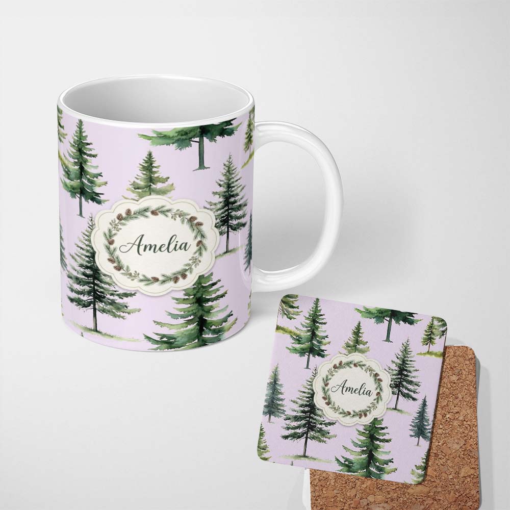 Personalized Custom Name Pine Tree Forest Evergreen Woodland Nature on Soft Lilac Seamless 11oz Ceramic Coffee Tea Mug White Large Handle
