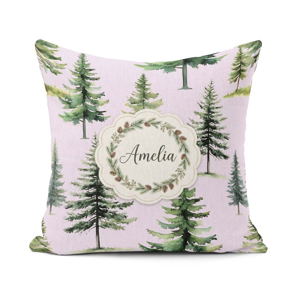 Custom Name Pine Tree Forest Evergreen Woodland on Soft Seamless Square Filled Cushion Throw Pillow Sofa Bed Home Decor Zip Washable UK Made