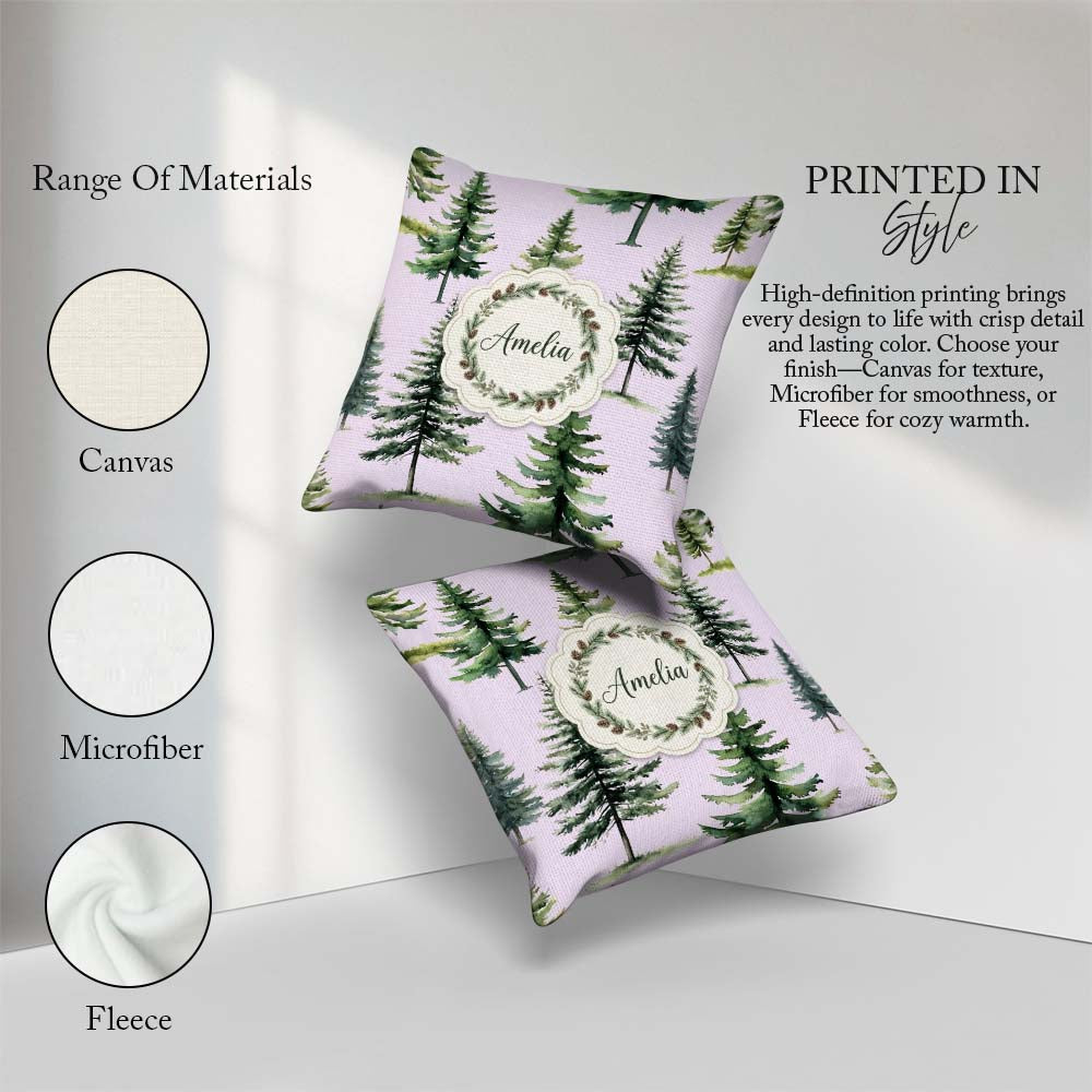 Custom Name Pine Tree Forest Evergreen Woodland on Soft Seamless Square Filled Cushion Throw Pillow Sofa Bed Home Decor Zip Washable UK Made