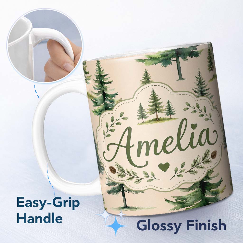 Personalized Custom Name Watercolor Pine Tree Forest Woodland Nature Seamless Pattern Name 11oz Ceramic Coffee Tea Mug White Large Handle