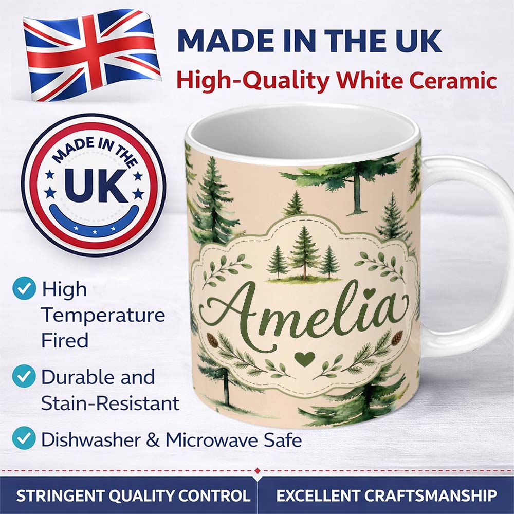 Personalized Custom Name Watercolor Pine Tree Forest Woodland Nature Seamless Pattern Name 11oz Ceramic Coffee Tea Mug White Large Handle