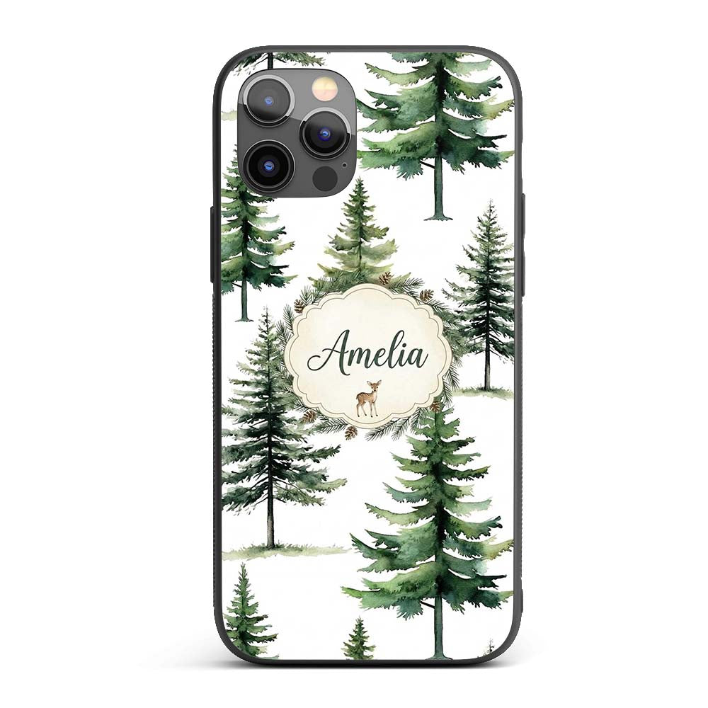 Watercolor Pine Tree Forest Woodland Nature on Custom Name Protective Phone Case Mobile Cover Durable Everyday Smartphone Shock Resistant