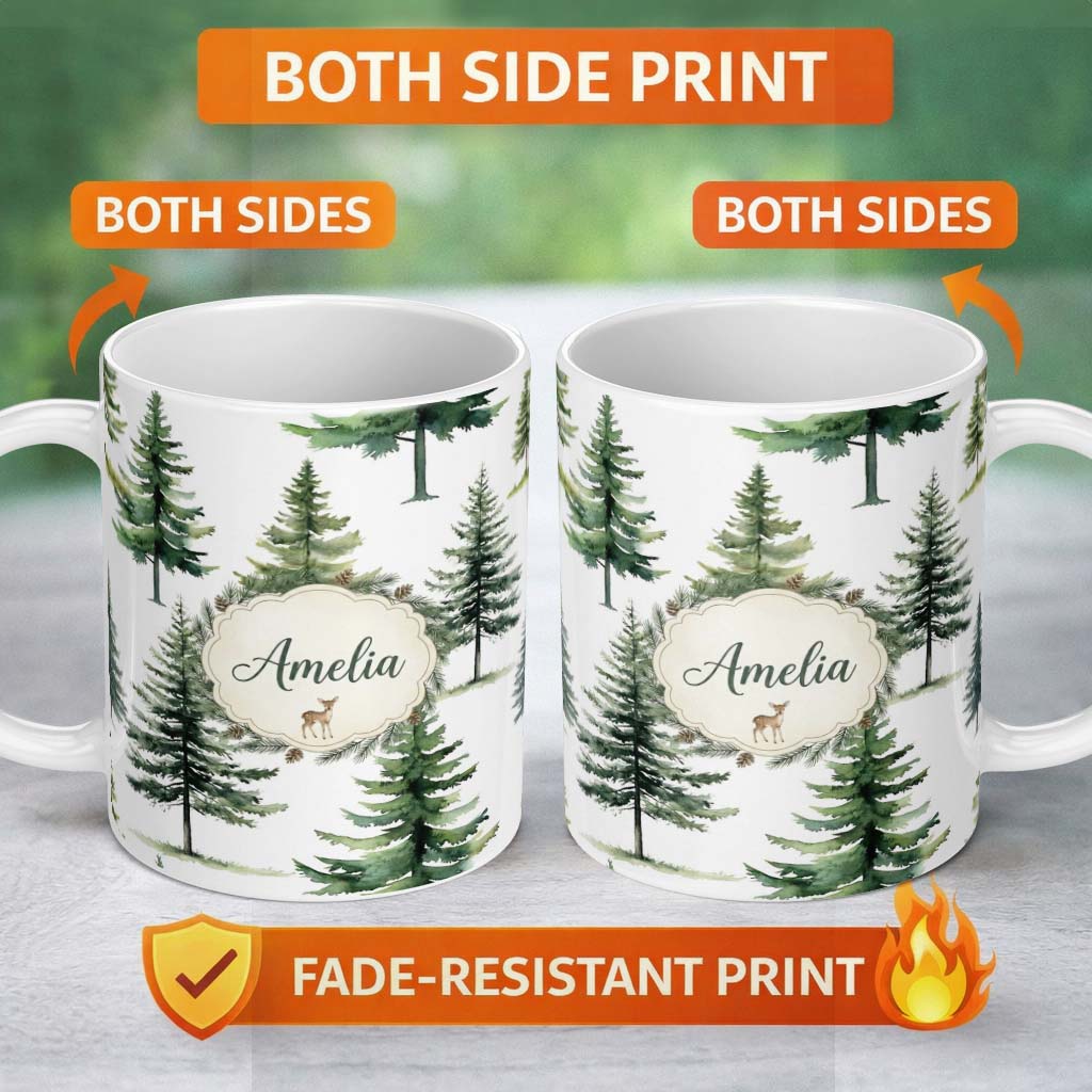 Personalized Custom Name Watercolor Pine Tree Forest Woodland Nature on Light Grey Seamless 11oz Ceramic Coffee Tea Mug White Large Handle