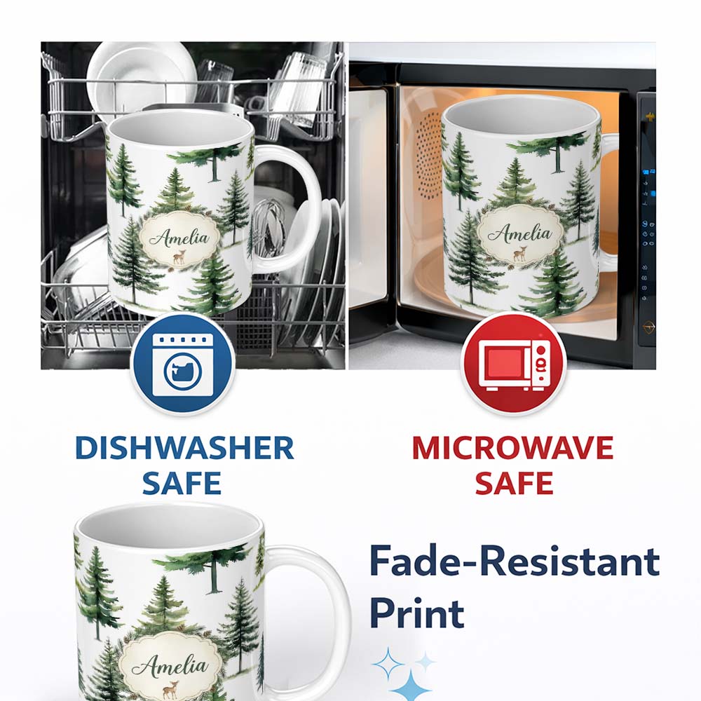 Personalized Custom Name Watercolor Pine Tree Forest Woodland Nature on Light Grey Seamless 11oz Ceramic Coffee Tea Mug White Large Handle