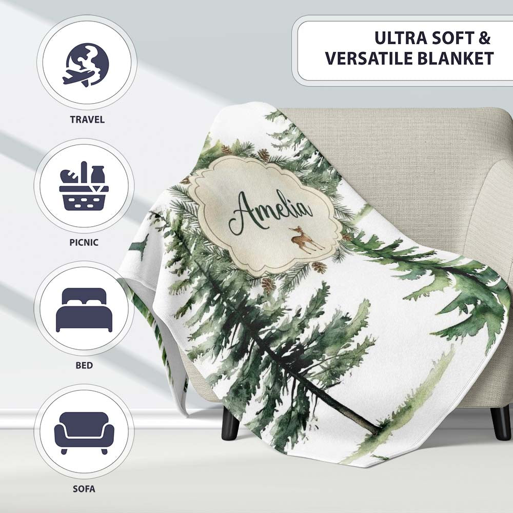 Watercolor Pine Tree Forest Woodland Nature on Light Grey Seamless Personalised Custom Name Super Soft Fleece Blanket Bed Sofa Throw