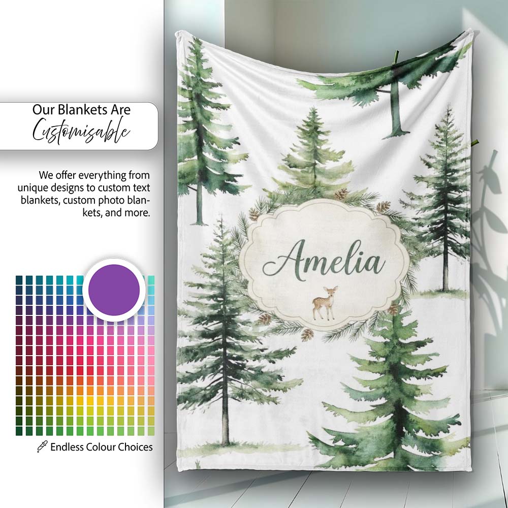 Watercolor Pine Tree Forest Woodland Nature on Light Grey Seamless Personalised Custom Name Super Soft Fleece Blanket Bed Sofa Throw