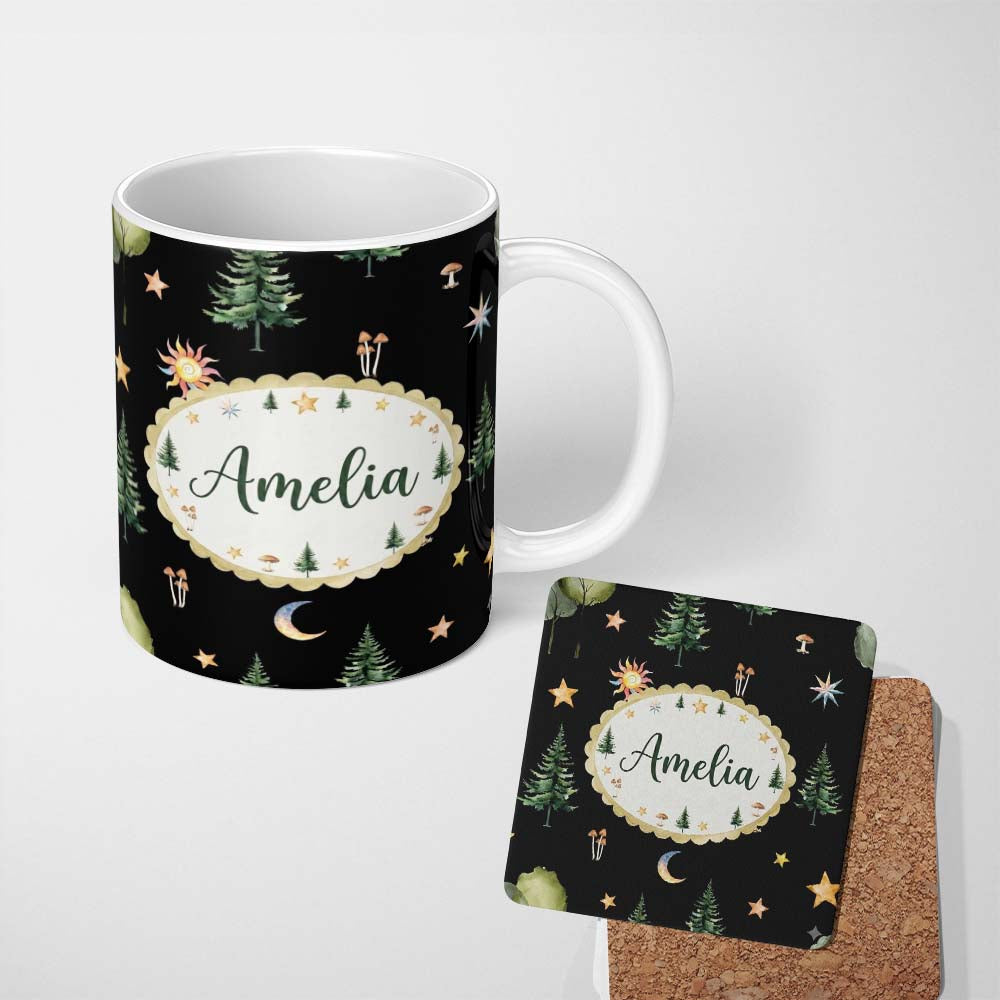 Personalized Custom Name Watercolor Forest Trees Mushrooms Sun Moon Stars Seamless Pattern 11oz Ceramic Coffee Tea Mug White Large Handle