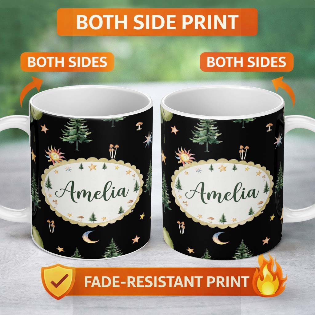 Personalized Custom Name Watercolor Forest Trees Mushrooms Sun Moon Stars Seamless Pattern 11oz Ceramic Coffee Tea Mug White Large Handle
