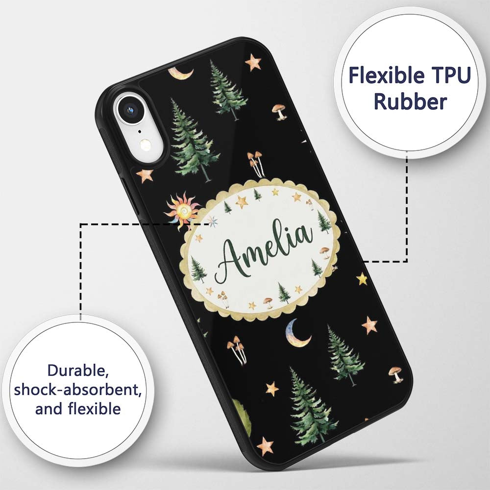 Watercolor Forest Trees Mushrooms Sun Moon Stars Custom Name Protective Phone Case Mobile Cover Durable Everyday Smartphone Shock Resistant
