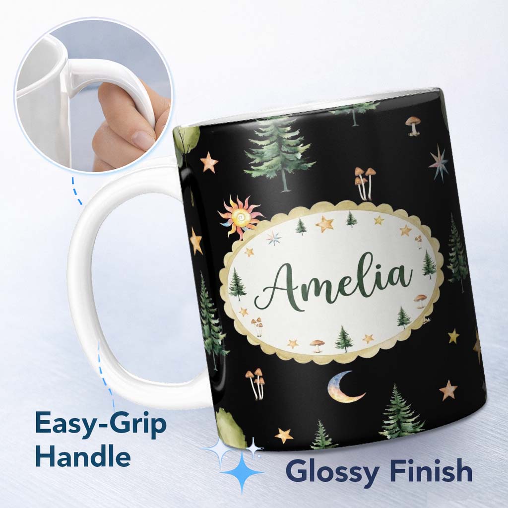 Personalized Custom Name Watercolor Forest Trees Mushrooms Sun Moon Stars Seamless Pattern 11oz Ceramic Coffee Tea Mug White Large Handle