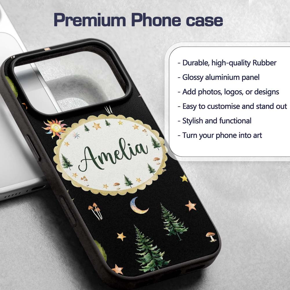 Watercolor Forest Trees Mushrooms Sun Moon Stars Custom Name Protective Phone Case Mobile Cover Durable Everyday Smartphone Shock Resistant