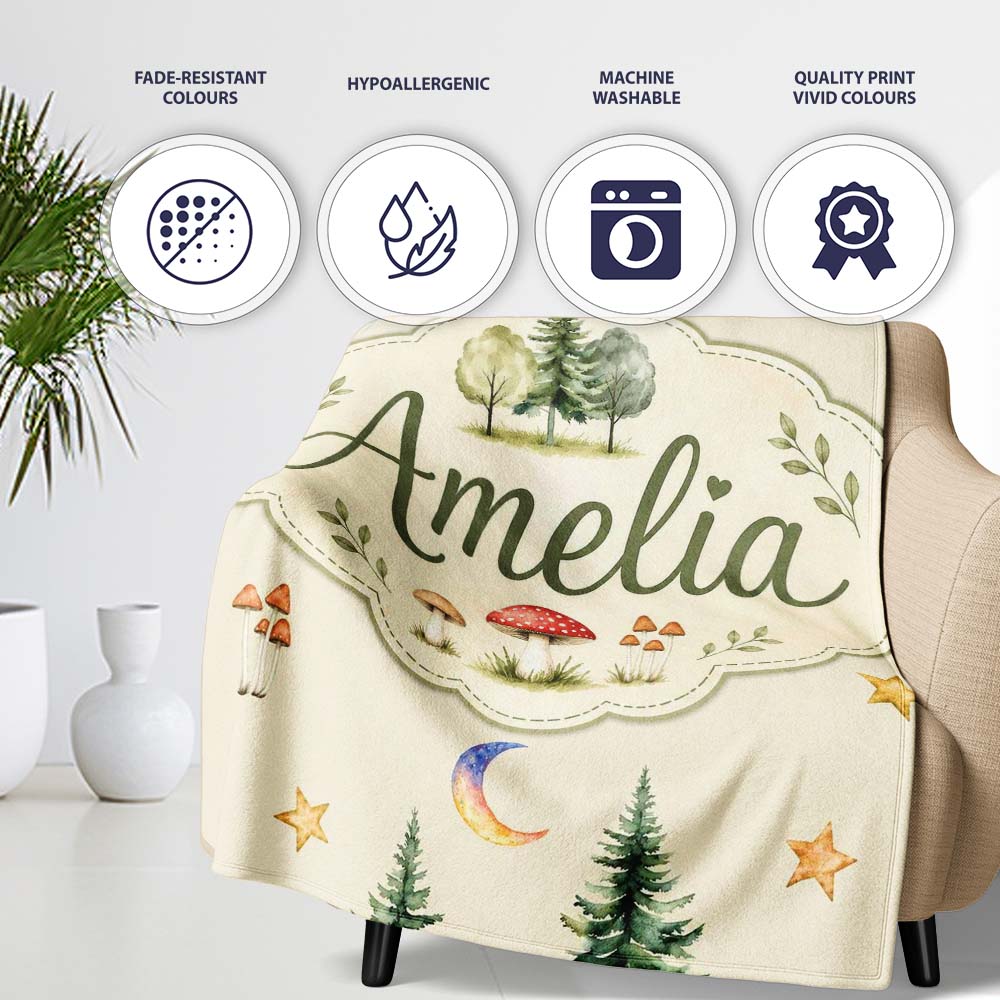 Watercolor Forest Trees Mushrooms Sun Moon Stars on Beige Seamless Personalised Custom Name Super Soft Fleece Blanket Bed Sofa Throw