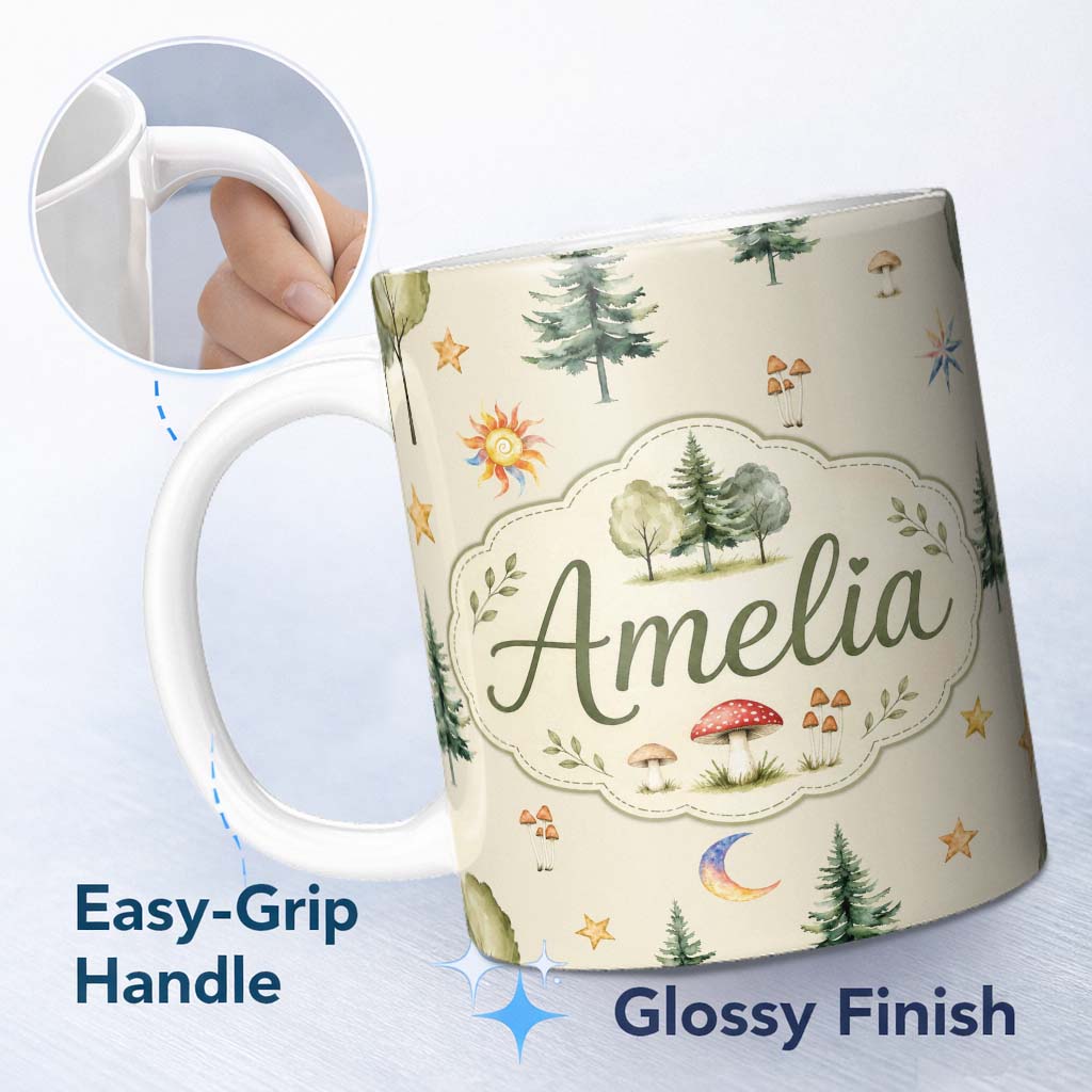 Personalized Custom Name Watercolor Forest Trees Mushrooms Sun Moon Stars on Beige Seamless 11oz Ceramic Coffee Tea Mug White Large Handle