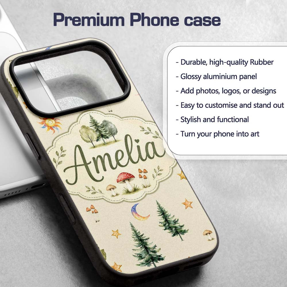 Watercolor Forest Trees Mushrooms Sun Moon Stars Custom Name Protective Phone Case Mobile Cover Durable Everyday Smartphone Shock Resistant