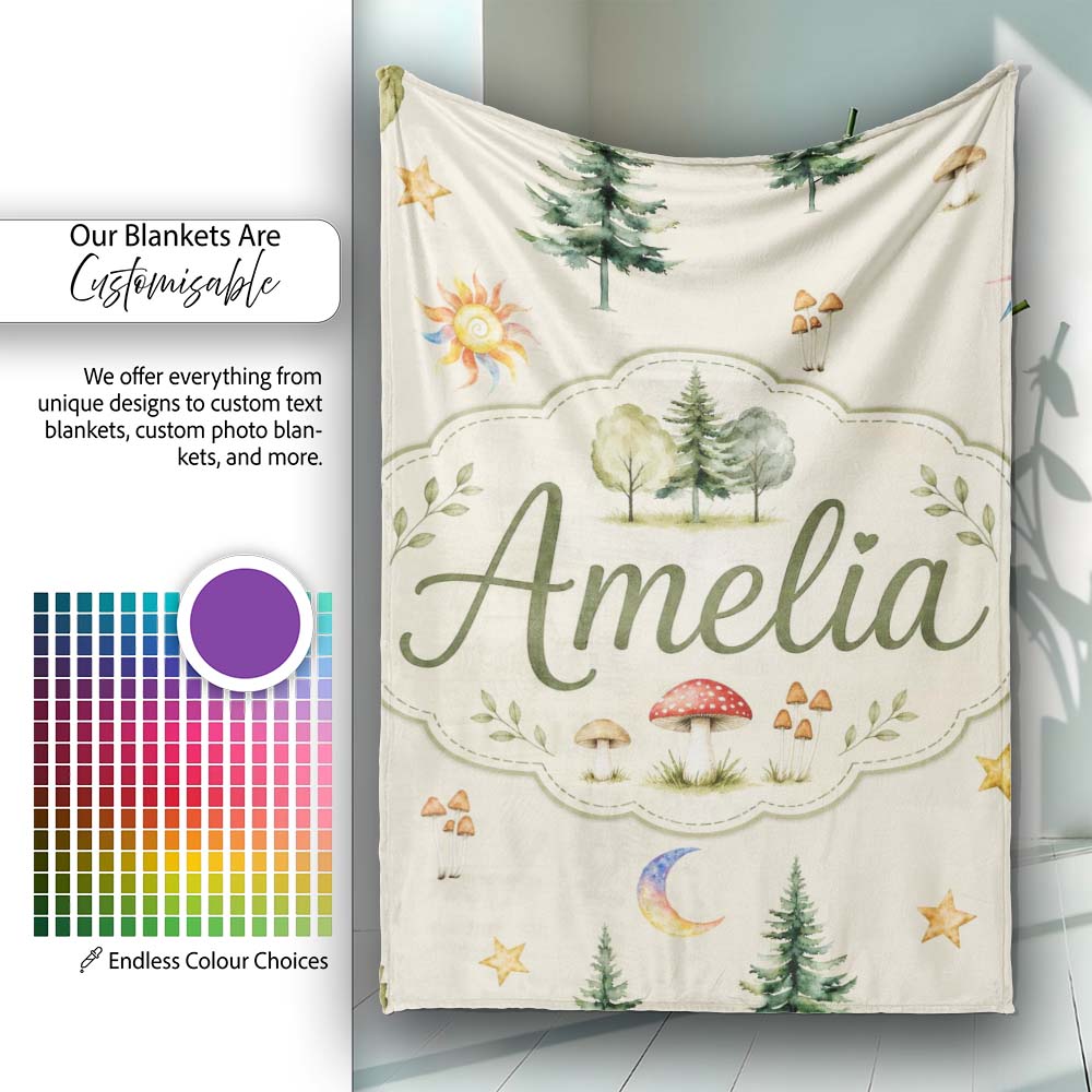 Watercolor Forest Trees Mushrooms Sun Moon Stars on Beige Seamless Personalised Custom Name Super Soft Fleece Blanket Bed Sofa Throw