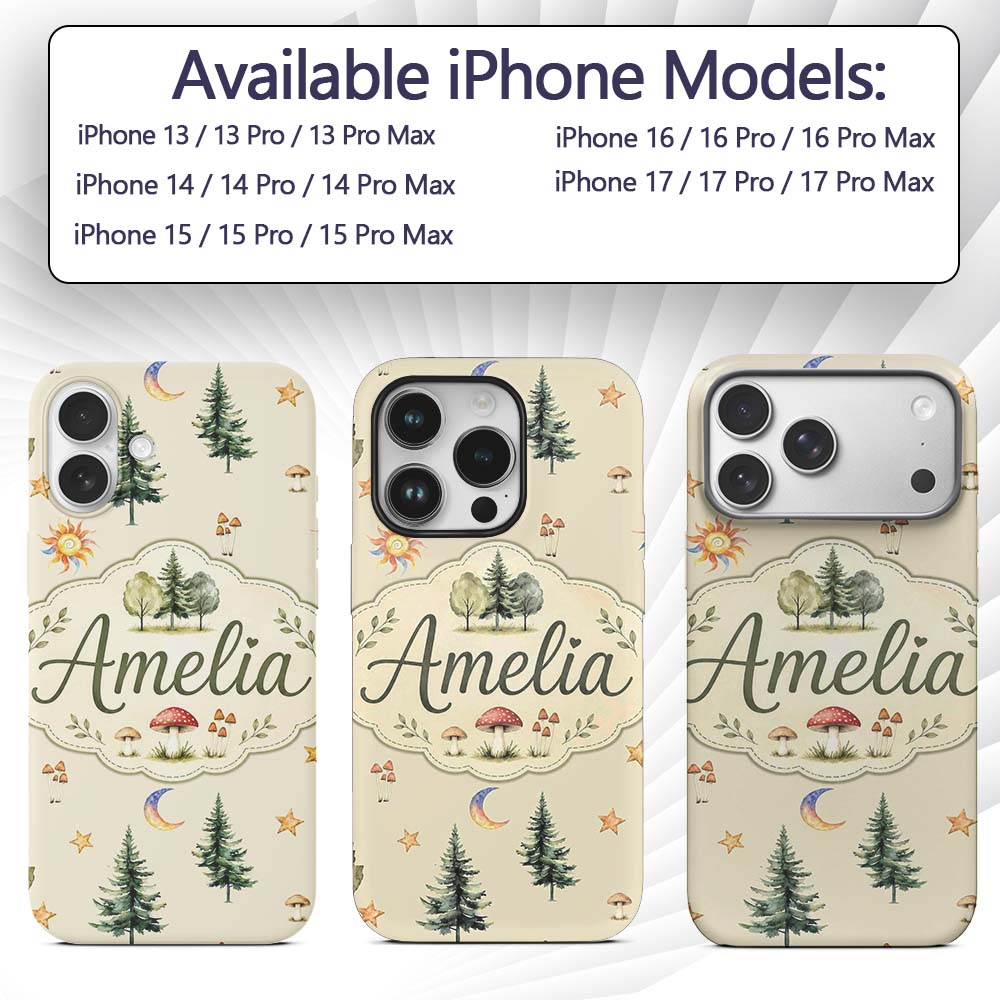 Watercolor Forest Trees Mushrooms Sun Moon Stars Custom Name Protective Phone Case Mobile Cover Durable Everyday Smartphone Shock Resistant