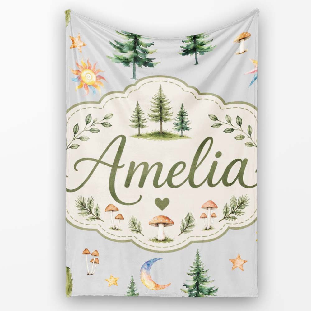 Watercolor Forest Trees Mushrooms Sun Moon Stars on Soft Grey Personalised Custom Name Super Soft Fleece Blanket Bed Sofa Throw