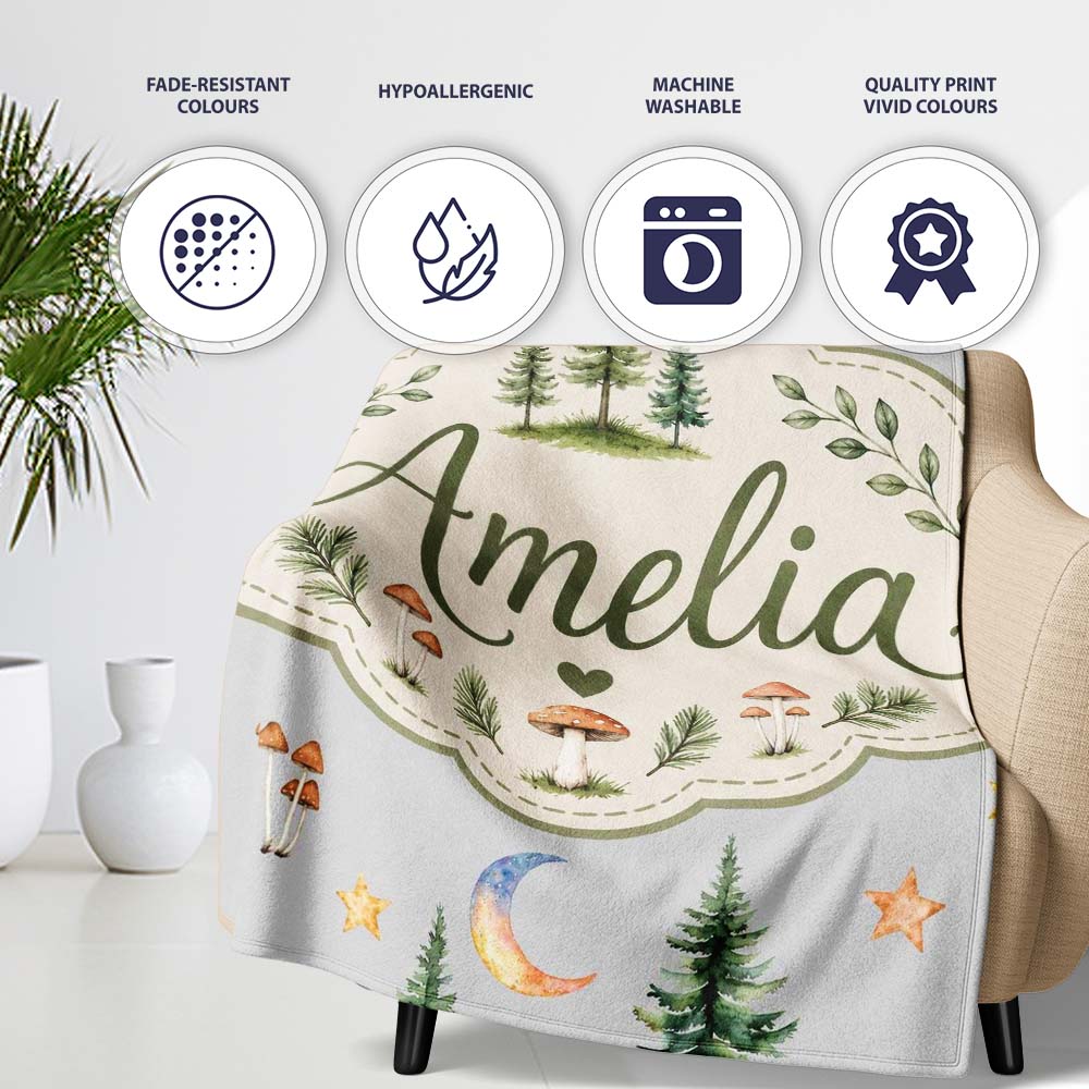 Watercolor Forest Trees Mushrooms Sun Moon Stars on Soft Grey Personalised Custom Name Super Soft Fleece Blanket Bed Sofa Throw