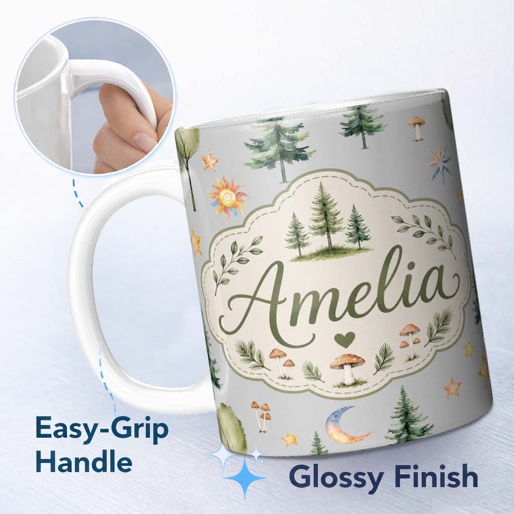 Personalized Custom Name Watercolor Forest Trees Mushrooms Sun Moon Stars on Soft Grey 11oz Ceramic Coffee Tea Mug White Large Handle
