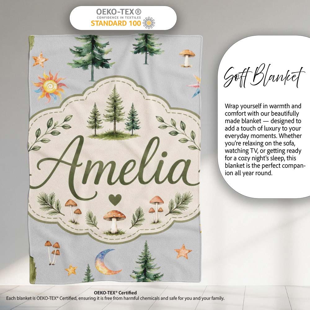 Watercolor Forest Trees Mushrooms Sun Moon Stars on Soft Grey Personalised Custom Name Super Soft Fleece Blanket Bed Sofa Throw