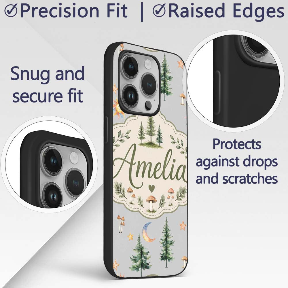 Watercolor Forest Trees Mushrooms Sun Moon Stars Custom Name Protective Phone Case Mobile Cover Durable Everyday Smartphone Shock Resistant
