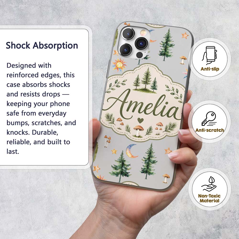 Watercolor Forest Trees Mushrooms Sun Moon Stars Custom Name Protective Phone Case Mobile Cover Durable Everyday Smartphone Shock Resistant