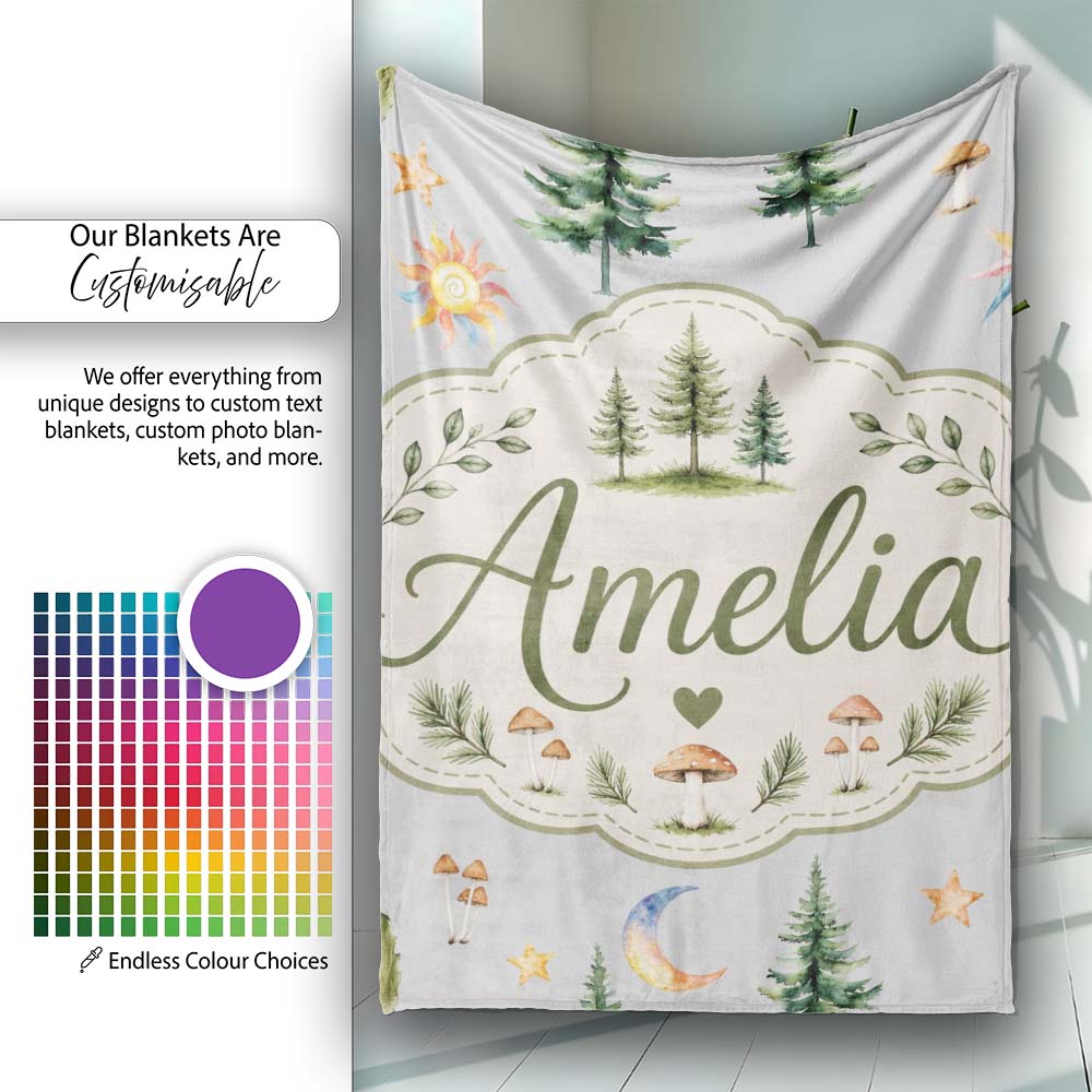 Watercolor Forest Trees Mushrooms Sun Moon Stars on Soft Grey Personalised Custom Name Super Soft Fleece Blanket Bed Sofa Throw