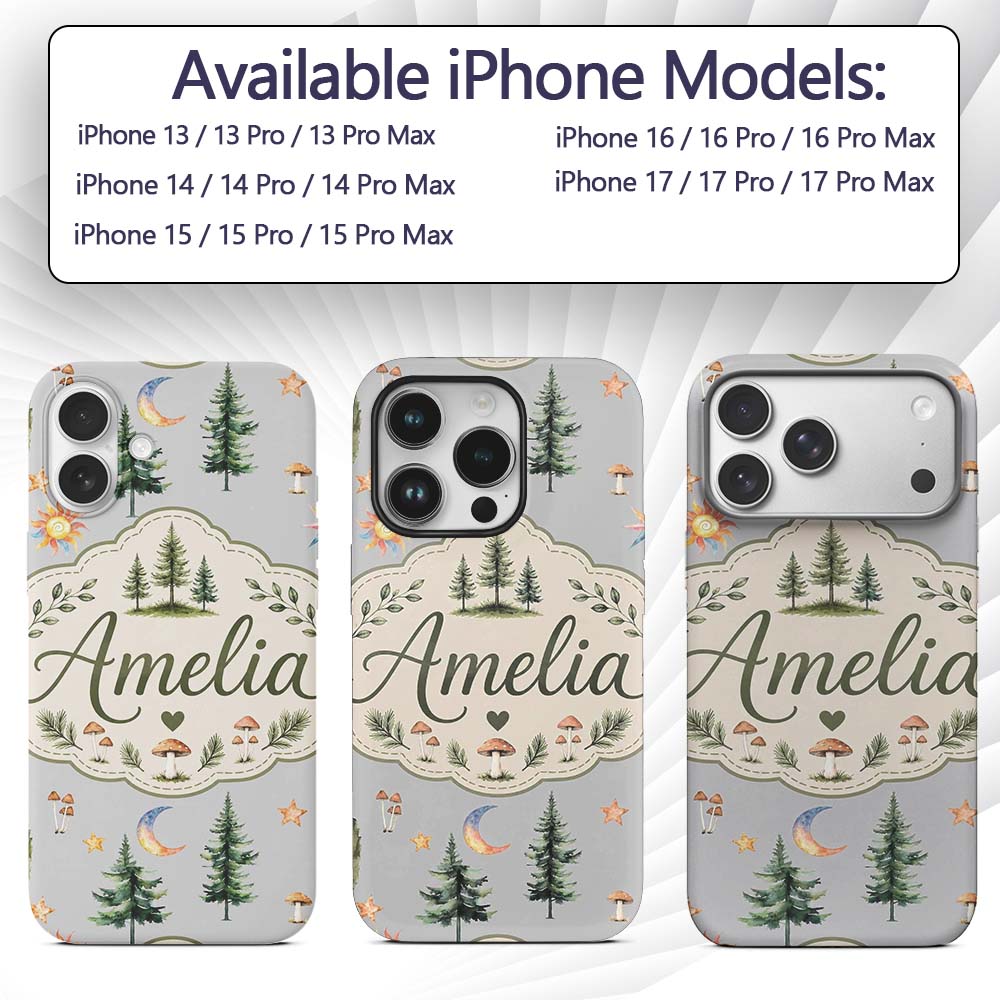 Watercolor Forest Trees Mushrooms Sun Moon Stars Custom Name Protective Phone Case Mobile Cover Durable Everyday Smartphone Shock Resistant