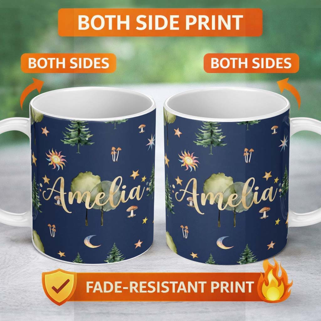 Personalized Custom Name Watercolor Forest Trees Mushrooms Sun Moon Stars on Dark Blue 11oz Ceramic Coffee Tea Mug White Large Handle
