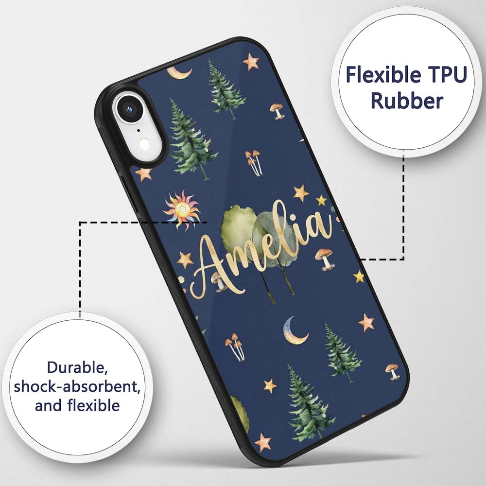 Watercolor Forest Trees Mushrooms Sun Moon Stars Custom Name Protective Phone Case Mobile Cover Durable Everyday Smartphone Shock Resistant