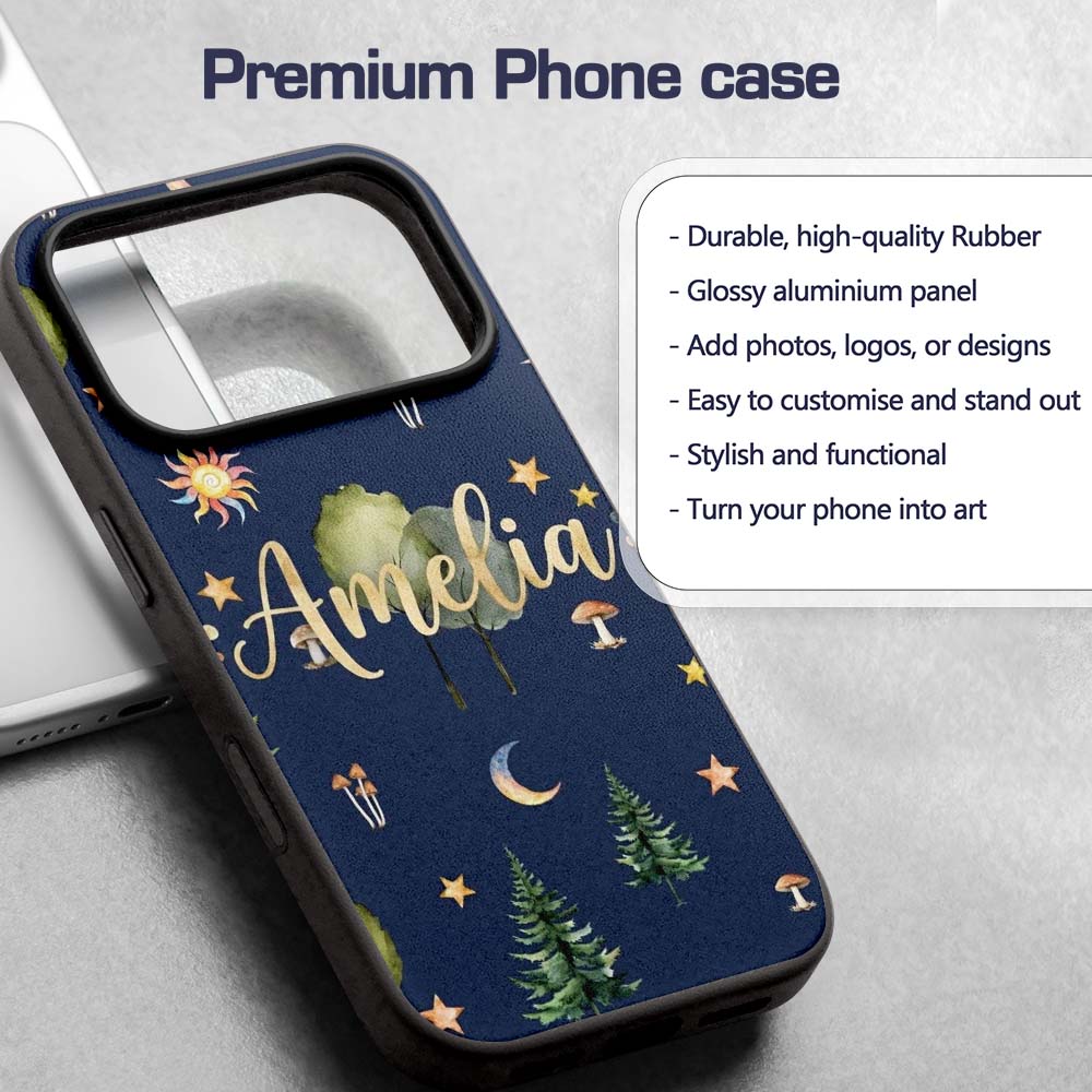 Watercolor Forest Trees Mushrooms Sun Moon Stars Custom Name Protective Phone Case Mobile Cover Durable Everyday Smartphone Shock Resistant