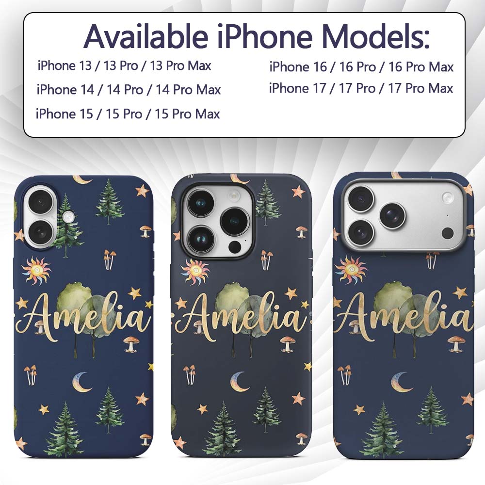 Watercolor Forest Trees Mushrooms Sun Moon Stars Custom Name Protective Phone Case Mobile Cover Durable Everyday Smartphone Shock Resistant
