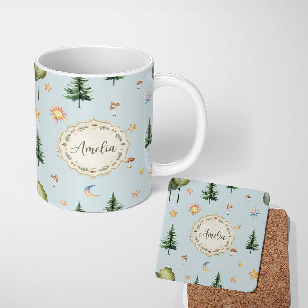 Personalized Custom Name Watercolor Forest Trees Mushrooms Sun Moon Stars on Sky Blue 11oz Ceramic Coffee Tea Mug White Large Handle