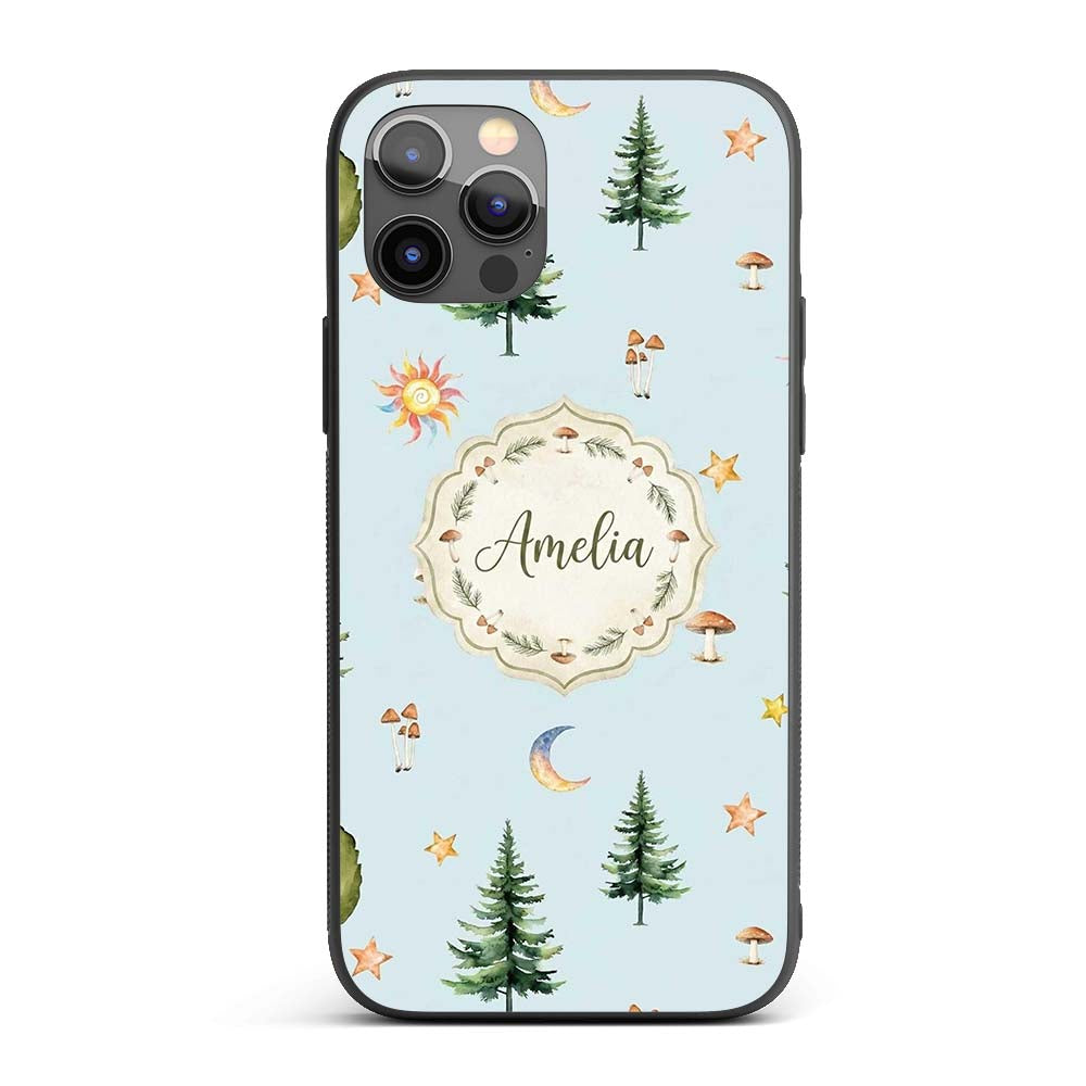 Watercolor Forest Trees Mushrooms Sun Moon Stars Custom Name Protective Phone Case Mobile Cover Durable Everyday Smartphone Shock Resistant