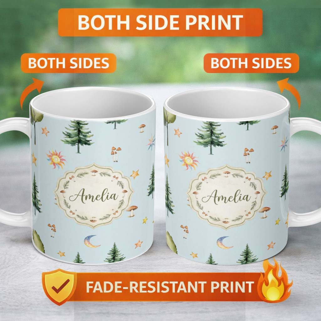Personalized Custom Name Watercolor Forest Trees Mushrooms Sun Moon Stars on Sky Blue 11oz Ceramic Coffee Tea Mug White Large Handle
